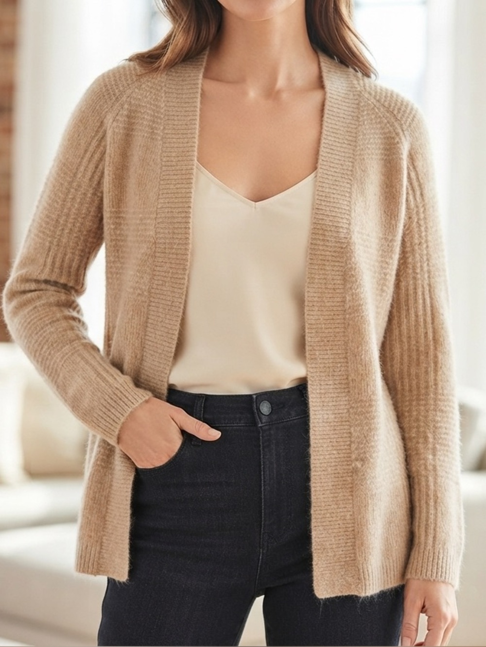 Women’s Open-Front Beige Cardigan Sweater